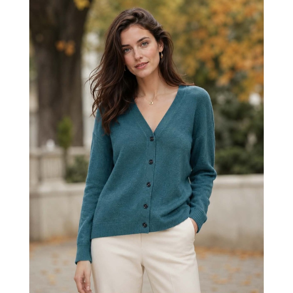 Bloomingdales Teal Cashmere Quiet Luxury Cardigan Oversized XS Polished Casual